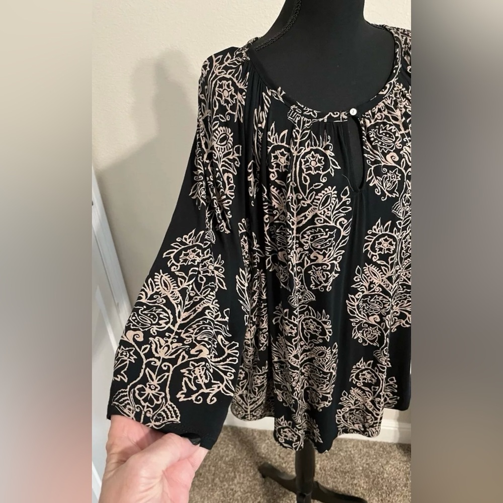 Lucky Brand 3X 100% Viscose Top Keyhole Neckline Black Beige Floral Stretch Boho